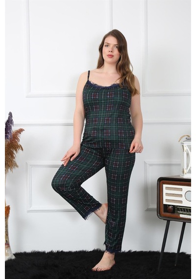Akbeniz Kadın Büyük Beden Yeşil Ekoseli İp Askılı Pijama Takım 202197-yeşil Yeşil