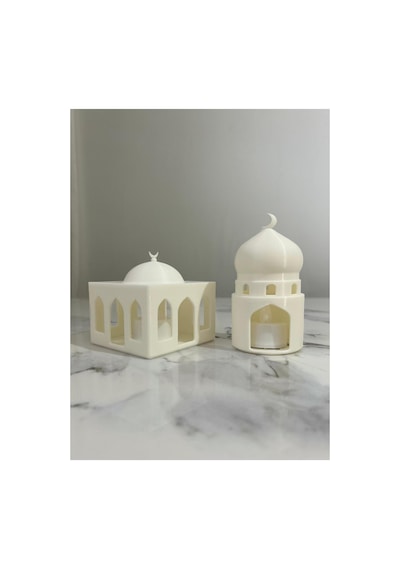 Ramazan Temalı Cami Minare Mescit Kubbe Figürü İkili Set Işıklı Pilli Mumluk Ev Aksesuarları Beyaz