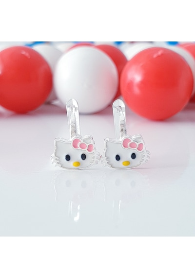 MAGRİB pembe fiyonklu sevimli kedi hello kittyli gümüş çocuk küpe