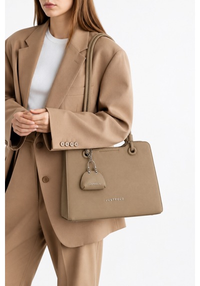 Just Polo Kadın Yeni Sezon Büyük Boy Aksesuar Detaylı Günlük Şık Kol Çantası Shopper Vizon