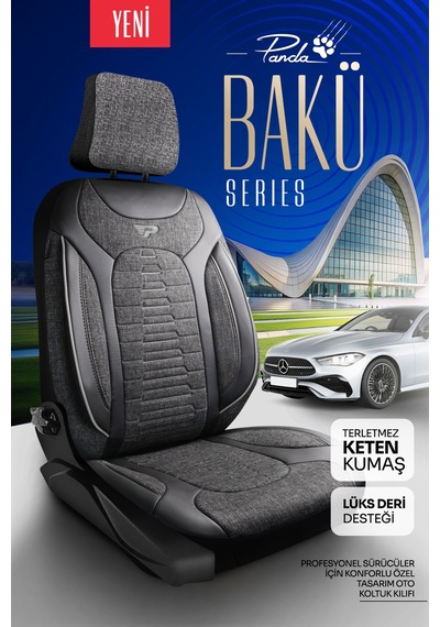 Füme - Gri Panda Bakü Serısı Keten Kumaş Oto Koltuk Kılıfı - Tam Set