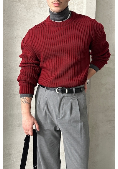 Erkek Fitilli Örme Oversize Kazak Bordo