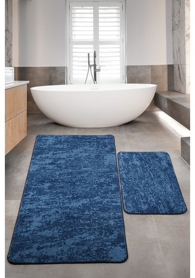 Nova Lacivert 80x150 + 50x80 Cm Büyük Ebat 2'li Banyo Halısı Paspas Seti Yıkanabilir Klozet Takımı Lacivert