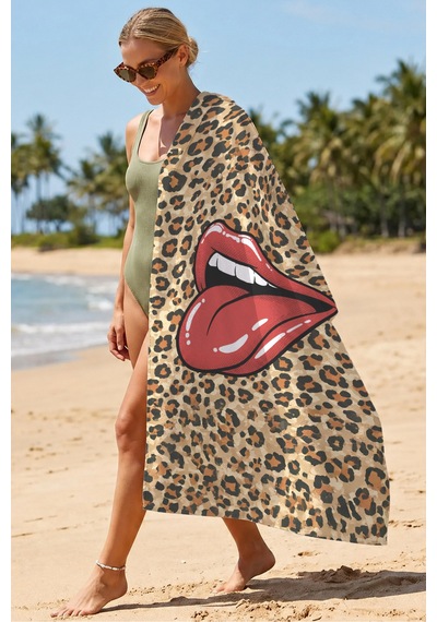 Leopar Dudak Figürlü Plaj Havlusu - Pop Art Modern Kırmızı Bej Havuz Deniz Hızlı Kuruyan Plaj Örtüsü Çok Renkli