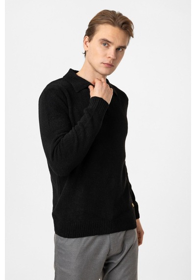 Back&bond Siyah Regular Fit Çizgili Polo Yaka Triko Kazak