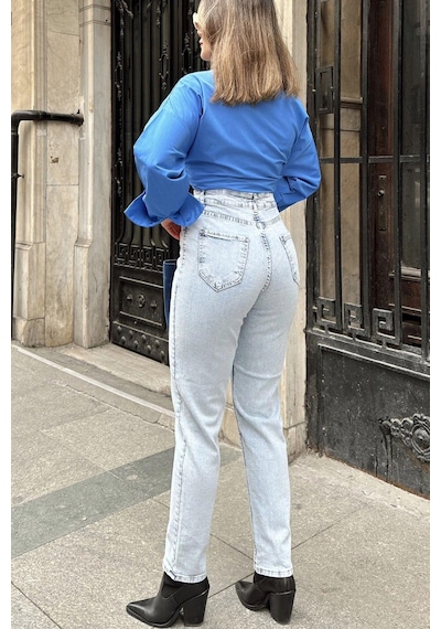 WeShaya Kadın Açık Mavi Yüksek Bel, Rahat Kesim, Boru Paça, Skinny Kot Pantolon - Jeans Açık Mavi