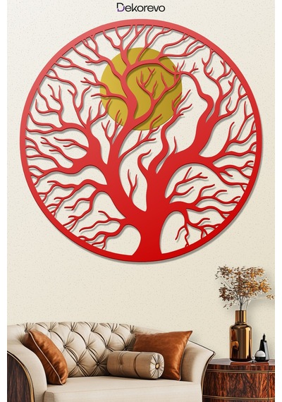Hayat Ağacı Ve Güneş Metal Duvar Tablosu - Metal Duvar Sanatı - Kırmızı - 75 X 75 Cm