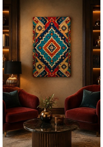 Türk Halı Desenli Baskılı Cam Tablo Boho Modern Dekoratif Duvar Tablosu