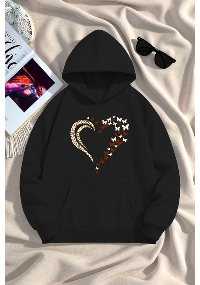 Uyguntarz Unisex Leopar Kalp Desenli Baskılı Oversize Sweatshirt siyah