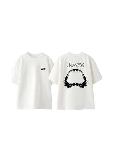 Thewert Jaws 3 Tasarım Sırt Baskılı Pamuk Beyaz Oversize T-shirt