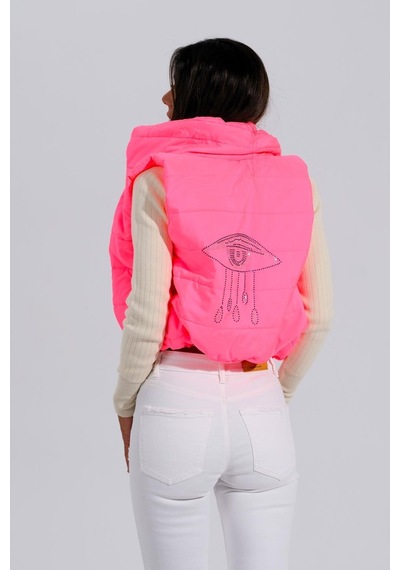 Keyifli Moda Kadın Pembe Sırtı Taş İşlemeli Dik Yaka Kısa Şişme Yelek-pembe Pembe
