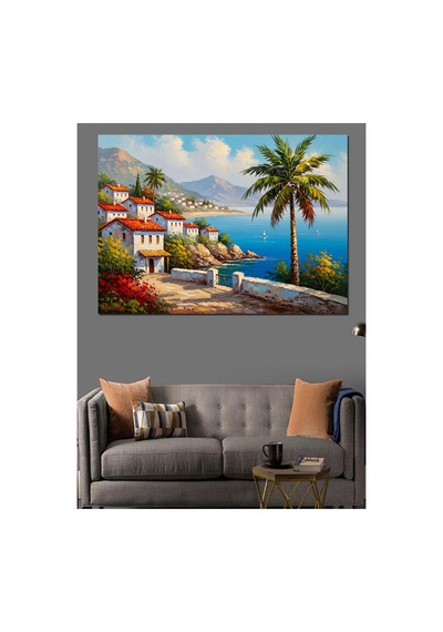 Deniz Manzaralı Çiçekli Balkon Köşesi Yağlı Boya Dokulu Kanvas Tablo Canvas Tablosu