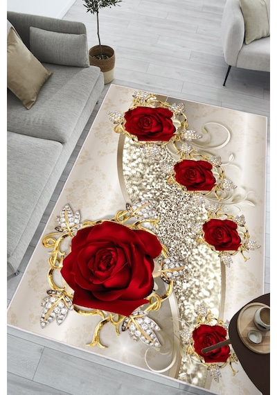 Gül Desenli Baskılı Kaymaz Yıkanabilir Salon Oturma Odası Mutfak Halısı Yolluk Kırmızı