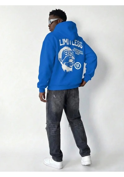 Veraura Lifestyle Erkek Premium Baskılı Kapşonlu Sweatshirt Üç İplik İçi Pamuklu Kanguru Cepli - Saks Mavisi Saks Mavi