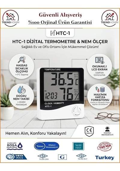 Temperature Htc-1 - Saatli - Dijital Termometre - Sıcaklık & Nem Ölçer