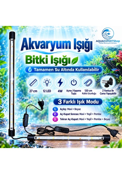 Akvaryum Işığı - Balık Işığı - Bitki Işığı - 27 Cm - 12 Led - Tamamen Su İçinde Kullanılabilir - 3 Modlu - 4w - Mükemmel Işık