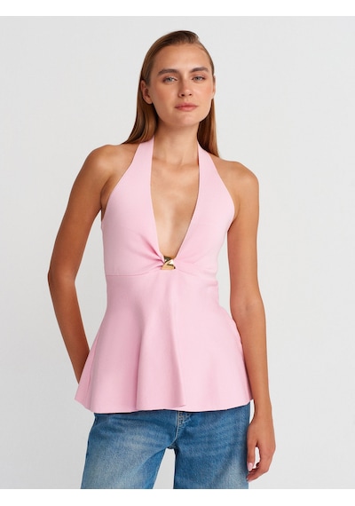 Dilvin 10787 Halter Yaka Metal Detaylı Peplum Triko Bluz-pembe Pembe