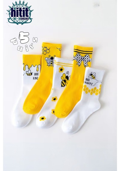 Hitit Socks Kadın 5 Çift Premium Kalite Arı Ve Çiçek Desenli Uzun Soket Çorap Sarı