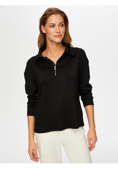 Faik Sönmez Yarım Fermuarlı Triko Görünümlü Sweatshirt W26swt001 Uw26swt00110 Siyah