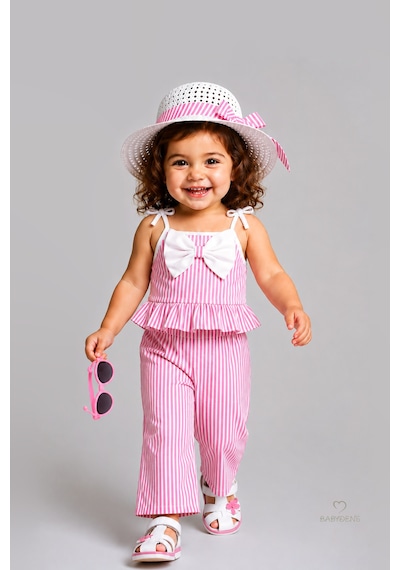 Babyden's Kız Bebek Şapkalı Yazlık Takım 3'lü Doğum Günü Kıyafeti Çizgili Fırfırlı Bluz Pantolon Kombini 9-36 Ay Pembe