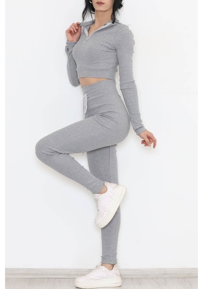 Mokashopin - Fermuarlı Crop Takım Gri - 12130.1748. 001