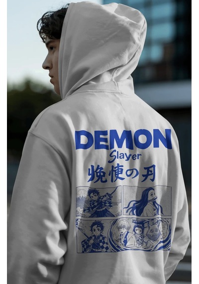 Sevbano Demon Slayer Kimetsu No Yaiba Sırt Baskılı Unisex Oversize Premiu beyaz