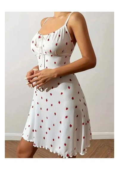 Eloria Fashion Çilek Baskılı Tangalı Gecelik Pijama Elbise,kadın Gecelik,kadın İç Giyim Beyaz
