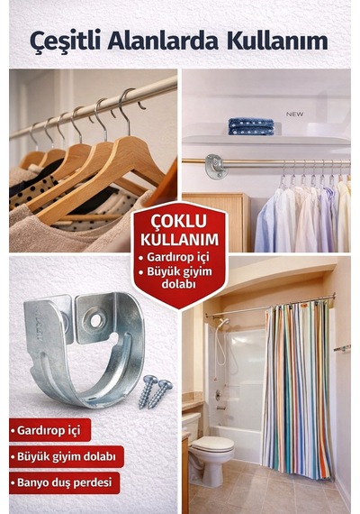Krom Oval Boru Askı Flanşı Gardırop Dolap İçi Askılık Aparatı Mobilya Uyumlu 2 Adet Set Gümüş