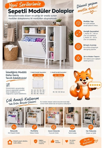Sena 125 Cm Geniş Kullanım Alanlı Çift Sepetli Banyo Ve Kiler Dolabı Beyaz 85+40 X97x32 Cm