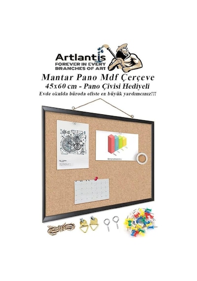 Mantar Pano Mdf Çerçeve 45x60 Cm 1 Adet Harita Çivisi Hediyeli Duvara Monte Mantar Çerçeve Evde Okulda Büroda Ofiste