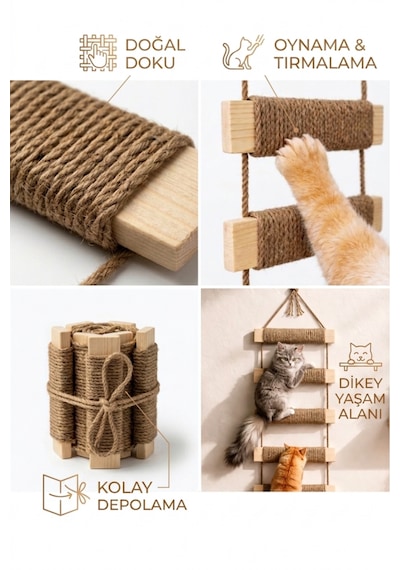 Ahşap Kedi Tırmanma Merdiveni Ve Duvar Köprüsü - Jüt İpli, 5 Basamak, 50 Cm