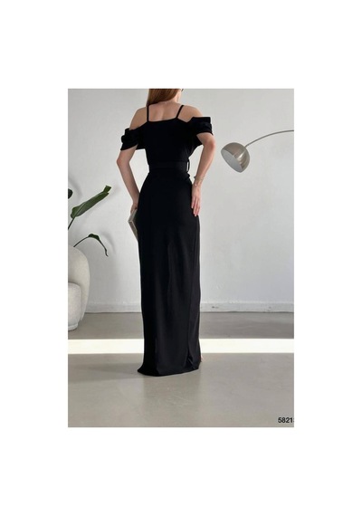 Lior Design Kadın Trend Krep Kumaş V Yaka Yırtmaçlı Abiye Elbise Siyah