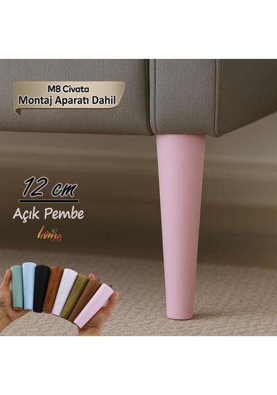 Ahşap Ayak 12 Cm Açık Pembe M8 Civatalı Bağlantı Aparatlı Dolap Mobilya Koltuk Kanepe Destek Ayağı Ayakları Pembe