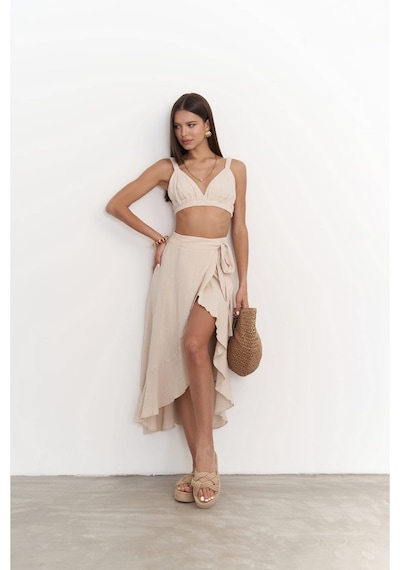 Mai Collection Mai Studios Co. Adelina Koyu Bej Müslin Crop-etek Takım Koyu Bej