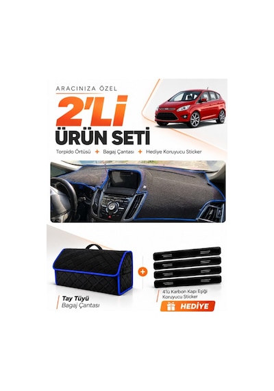 E-biz Ford C-max 2010-2014 Double Ekran Uyumlu Torpido + Tay Tüyü Çanta - Siyah-mavi - Fo001