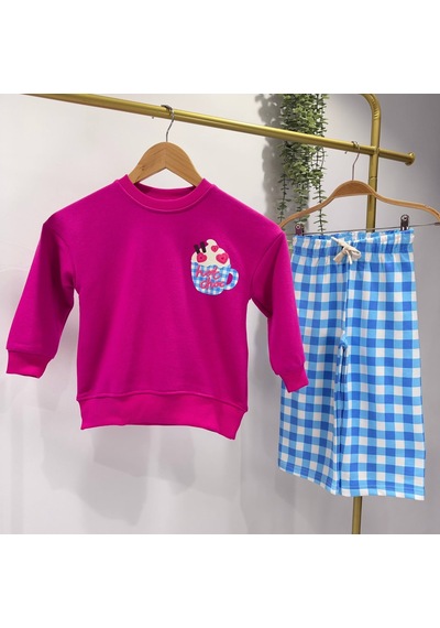 Hot Choc Baskılı Fuşya Sweatshirt Mavi Pötikare Eşofman Alt Üst Takım Süper Kalite Pembe