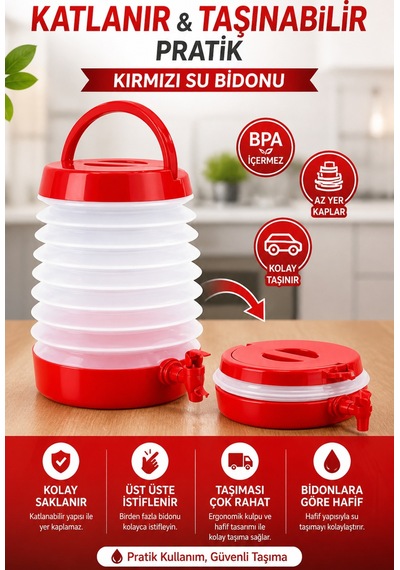 Katlanabilir Musluklu Su Bidonu 5,5 Litre Taşınabilir, Pratik, Kamp & Piknik İçin Kırmızı