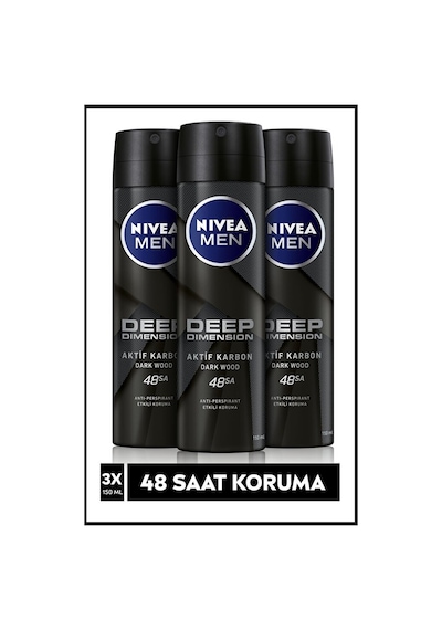 Nivea Men Deep Dimension Dark Wood Aktif Karbon Erkek Sprey Deodorant 3 x 150 ML