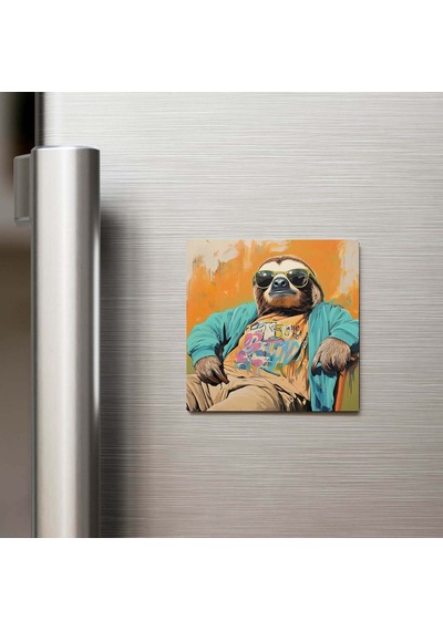 Sloth - Tembel Hayvan - Güneş Gözlüklü Style - Buzdolap Magneti - 9x9 Cm