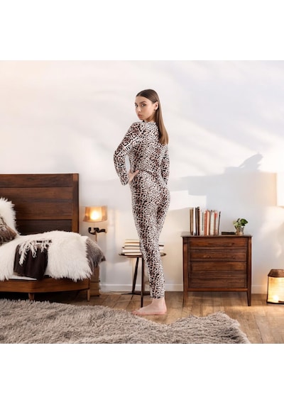 Kadın Giyim Kahve Leopar Desen Düğmeli Tulum - Pamuklu Örme Ev Giyim - Pijama Kahve Leopar Çok Renkli