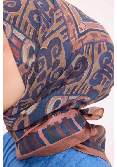 Silk Home Dört Mevsim Antik Motif Viskon Velora Eşarp 6419 İndigo Somon