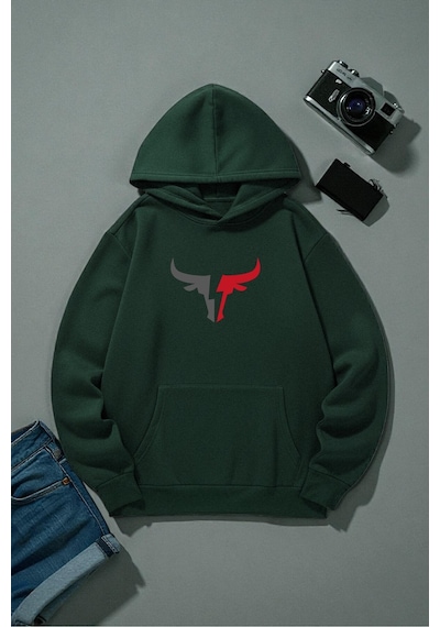 Uyguntarz Boğa Tasarım Baskılı Unisex Oversize Sweatshirt Yeşil