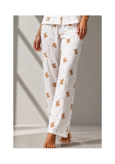 Fit Women Kadın Klasik Doğal Düğme Gece Kırık Beyaz Pijama Takımı