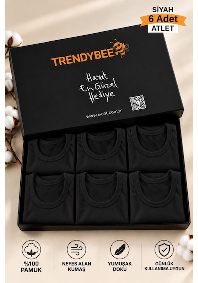 Trendybee Erkek Siyah Atlet 6'lı Paket Premium Kutusunda %100 Pamuklu Erkek Rahat Yaka Günlük Kullanım