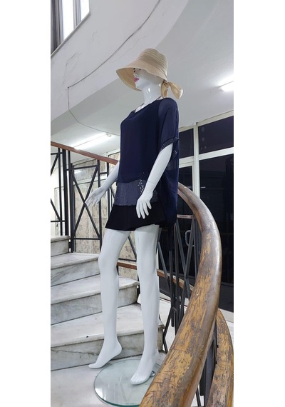 Bohem Stil İtalyan Yarasa Kollu Payetli İpek Bluz-9248 Lacivert