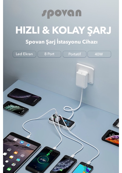 Spovan Impro Led Ekranlı 8 Port Usb Type C Şarj Cihazı