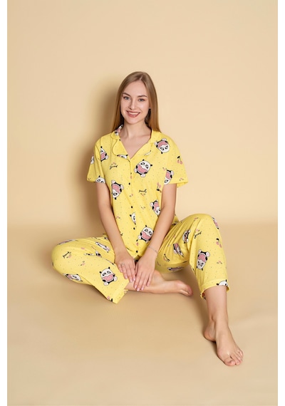 Yazlık Swetty Baskılı Kısa Kol Pijama Takımı Yeni Sezon Sarı