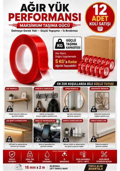 12 Adet Silikonlu Çift Taraflı Bant 18 Mm X 2 M Güçlü Yapışkan Şeffaf Montaj Bandı Ekonomik Koli Pak