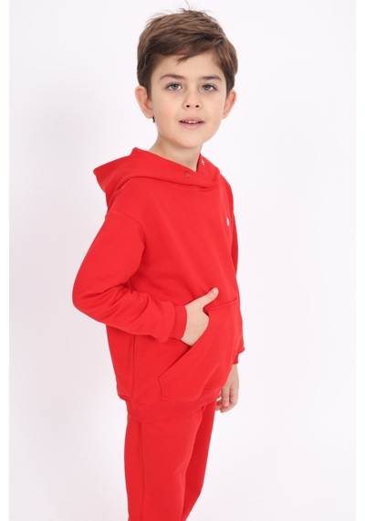 Toontoy Kız Çocuk Relax Fit Kapüşonlu Cepli Baskılı Sweatshirt - 2 İplik Kırmızı