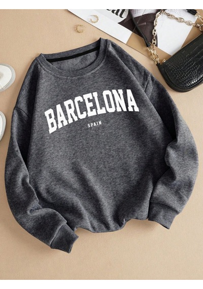 Startmore Startmorebarcelona España Mektup Baskı Kadın Kazak Polar Rahat Kazak O-boyun Sonbahar Streetweet Gevşe Antrasit